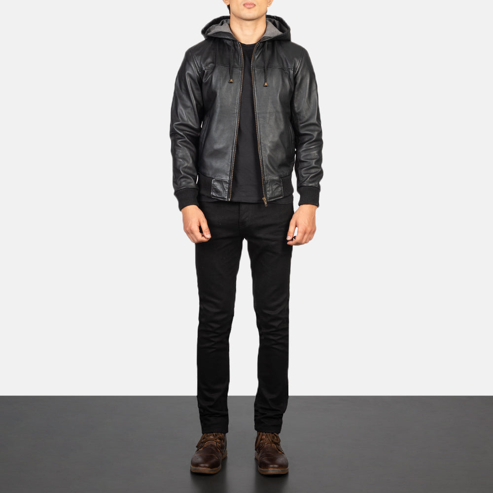 Nintenzo Men's Hooded Leather Jacket