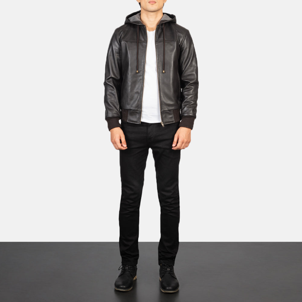 Nintenzo Men's Hooded Leather Jacket