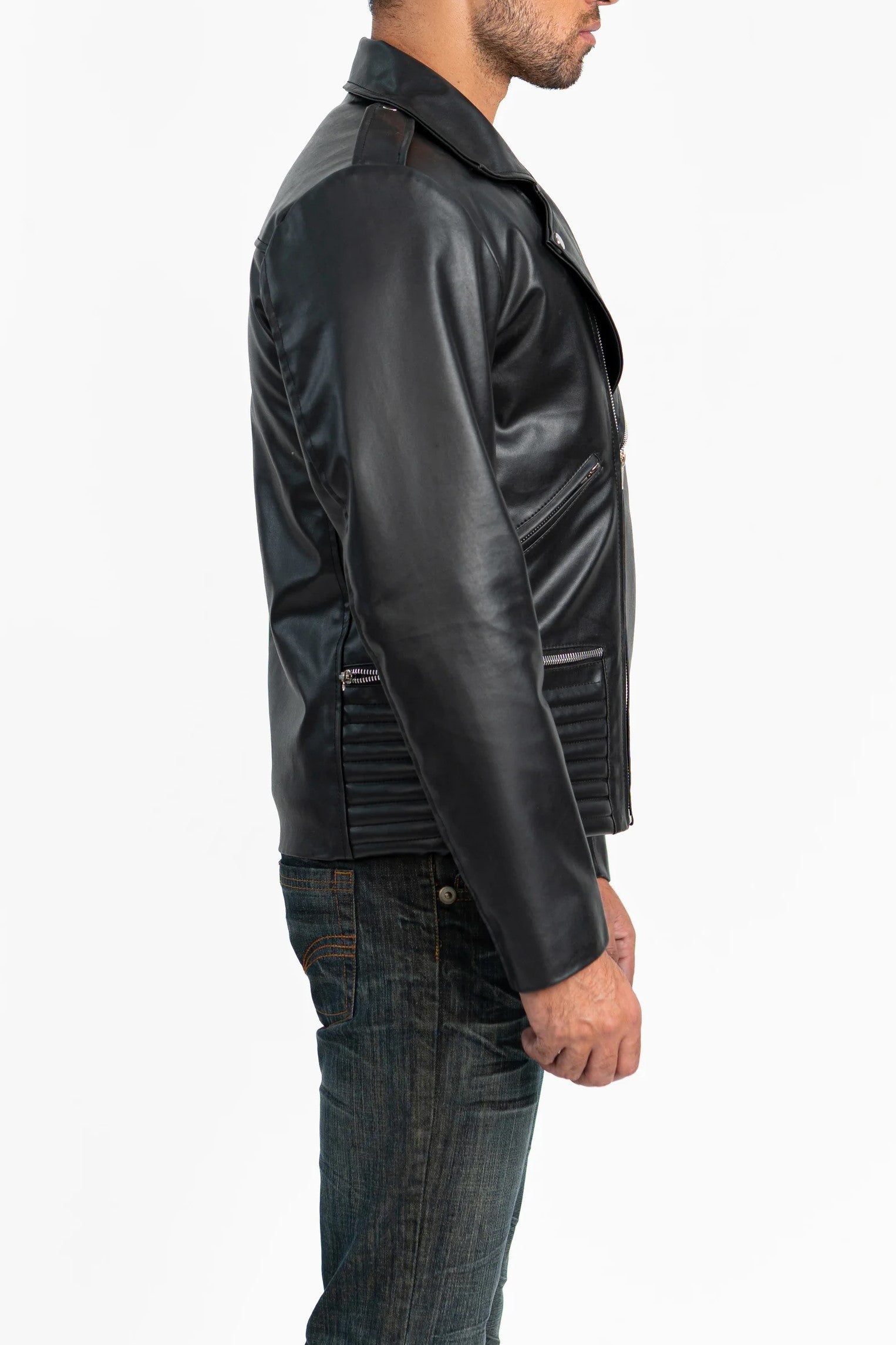 Aurified Vanguard Biker Jacket Side Profile Showing Premium Stitching and Fit