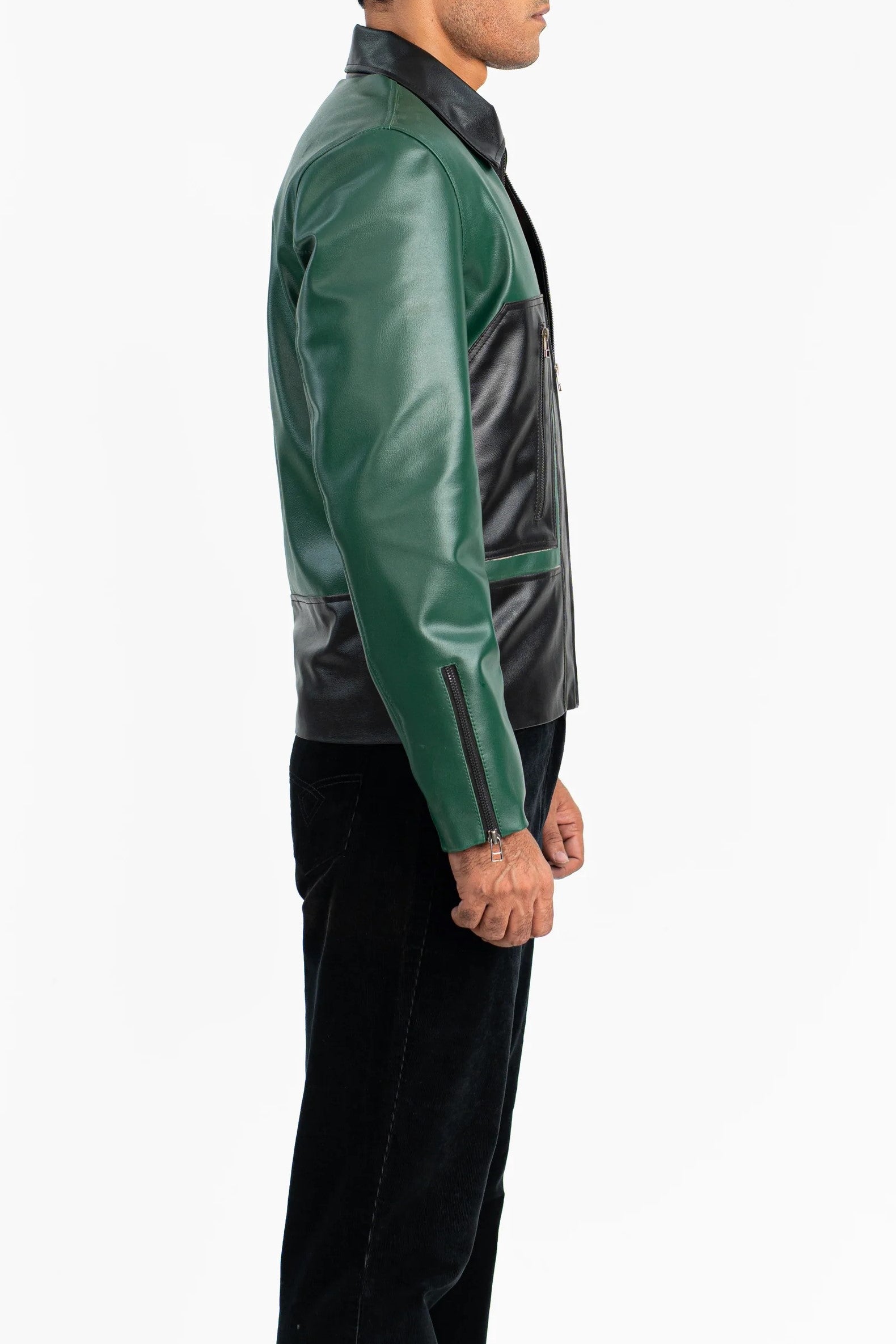 Side profile of Aurified Virid Luxe Jacket – clean silhouette and premium finish
