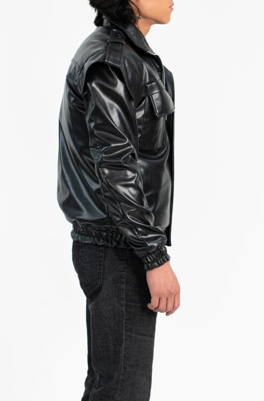 Aurified Éclat Men’s Vegan Leather Jacket Side View Showing Polished Zipper and Elegant Silhouette