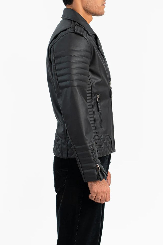 Luxe Quilted Vegan Leather Jacket Side Profile – Premium Stitching and Slim-Fit Design