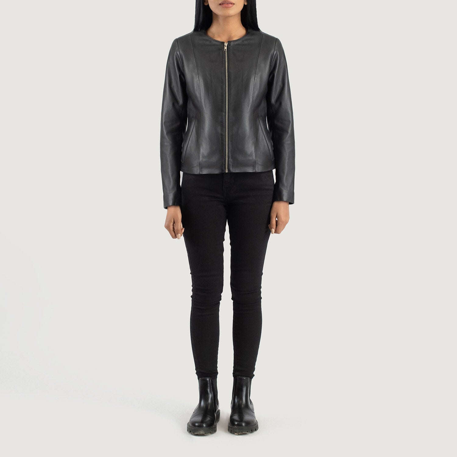 Elixir Collarless Biker Leather Jacket