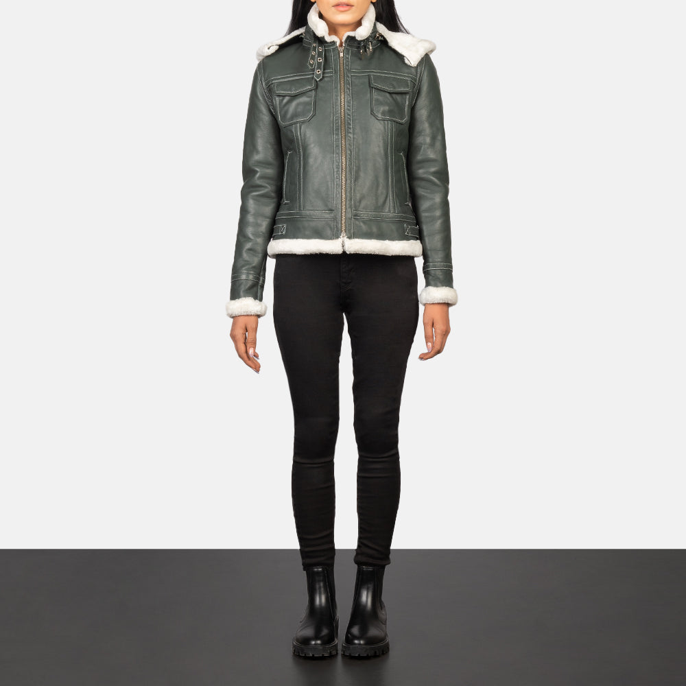 Fiona Green-White Hooded Shearling Leather Jacket