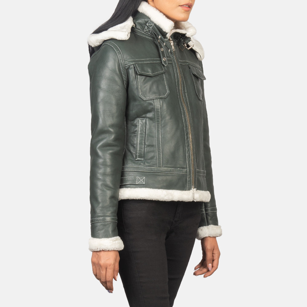 Fiona Green-White Hooded Shearling Leather Jacket