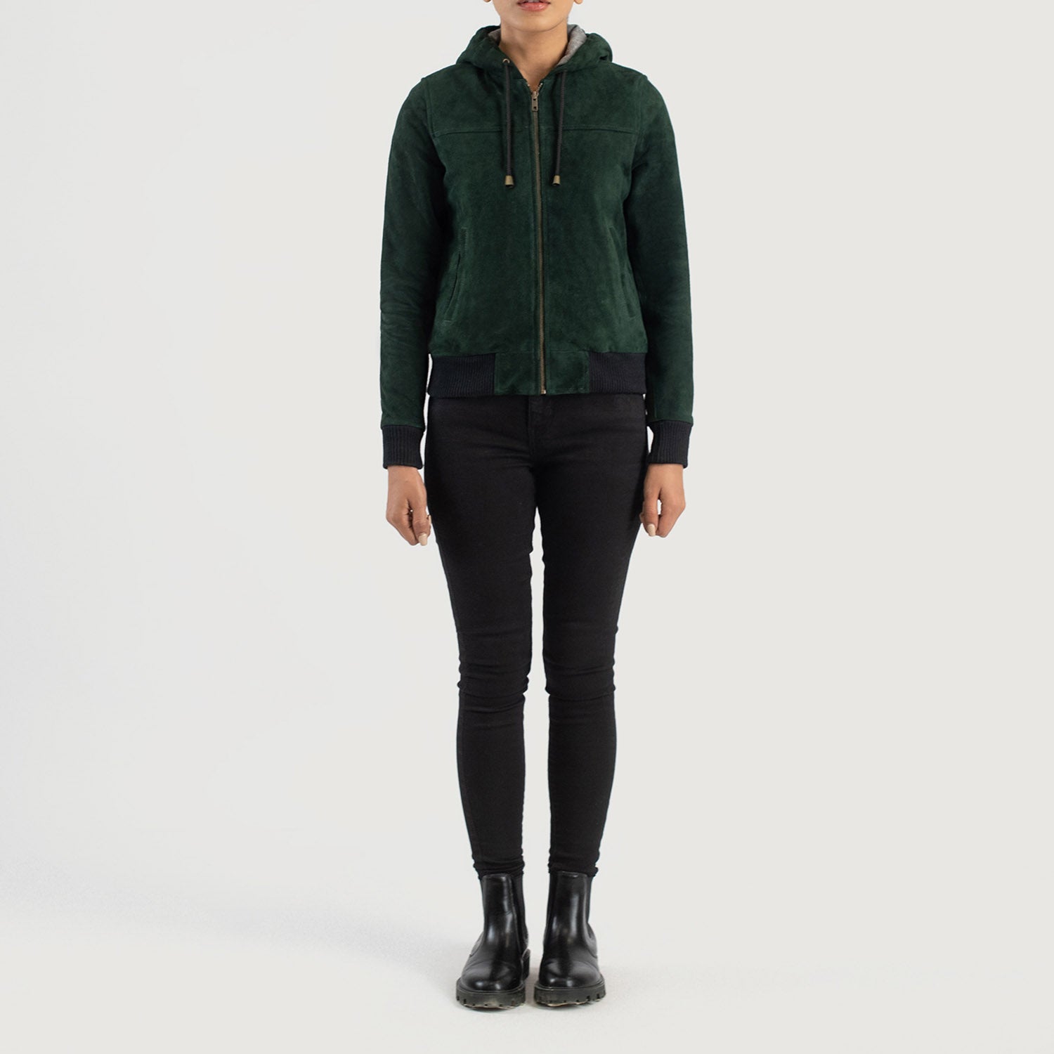 Rebella Hooded Suede Bomber Leather Jacket
