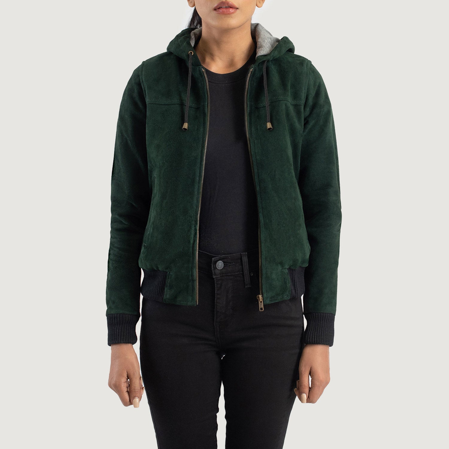Rebella Hooded Suede Bomber Leather Jacket