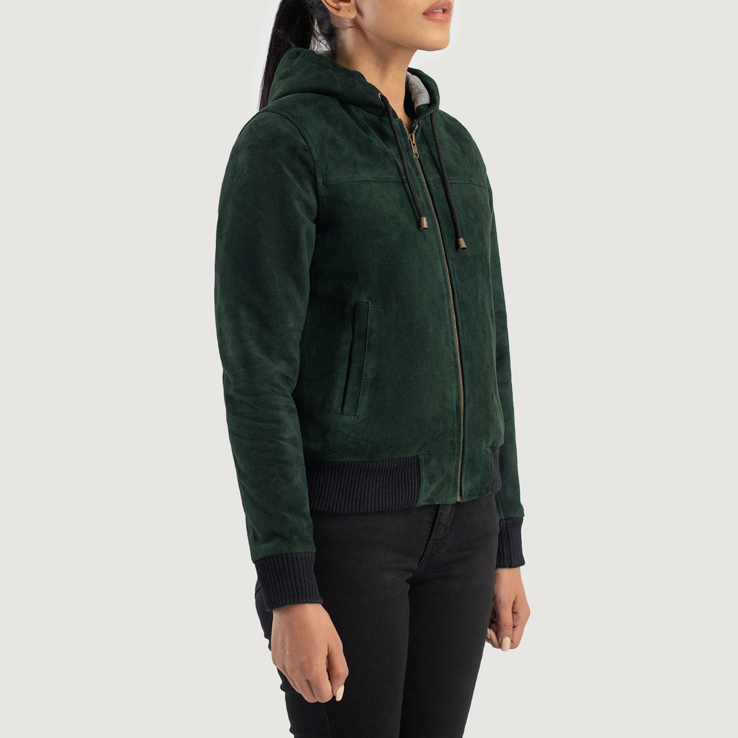 Rebella Hooded Suede Bomber Leather Jacket