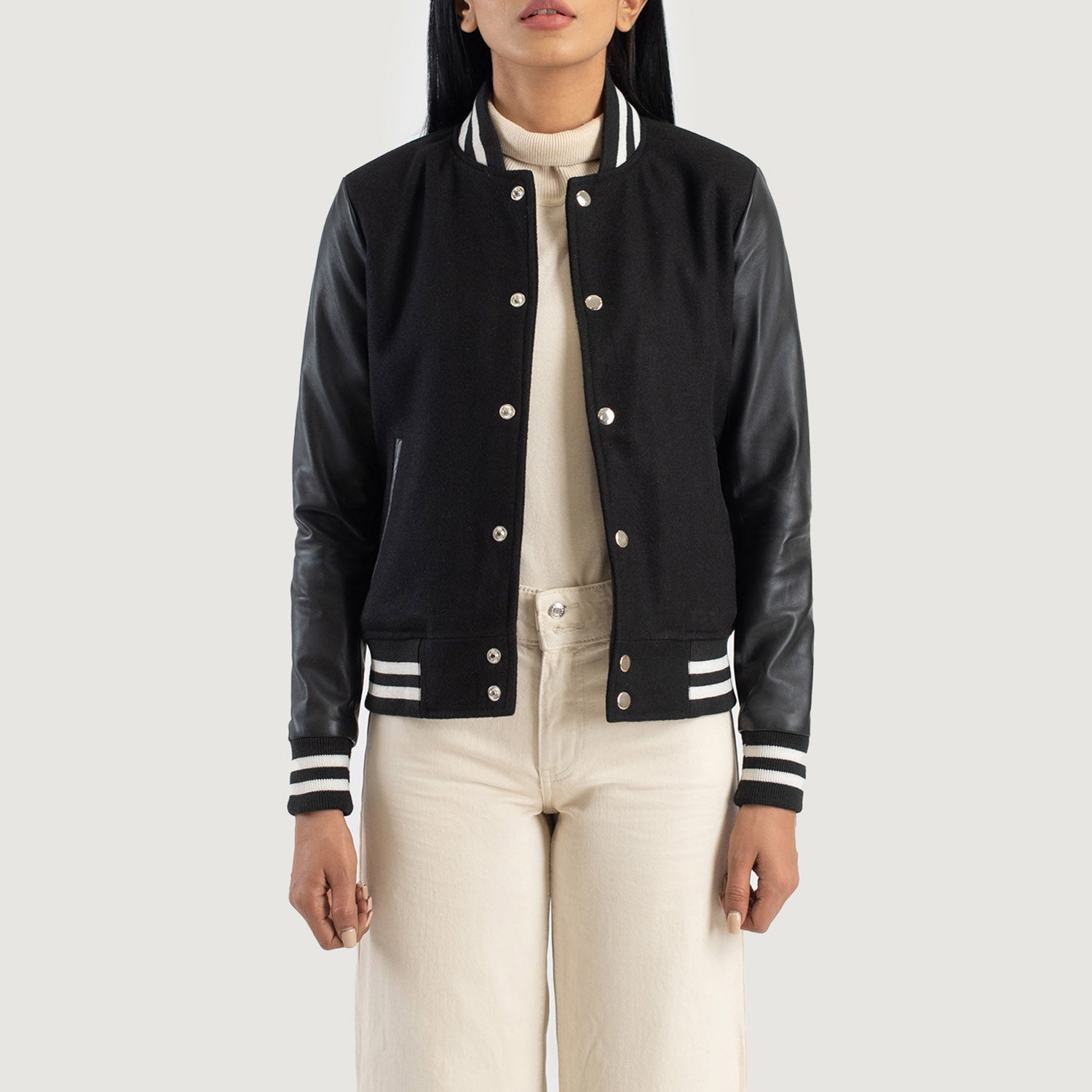 Savant Hybrid Black-White Varsity Jacket For Women