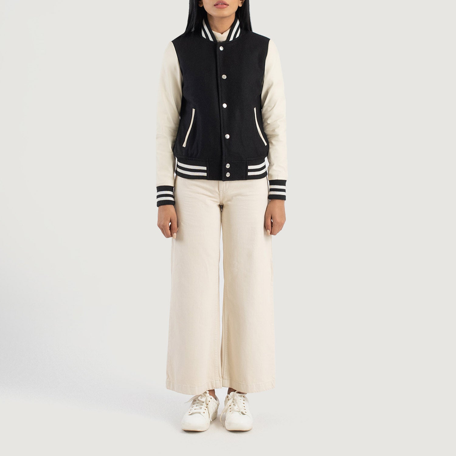 Savant Hybrid Black-White Varsity Jacket For Women