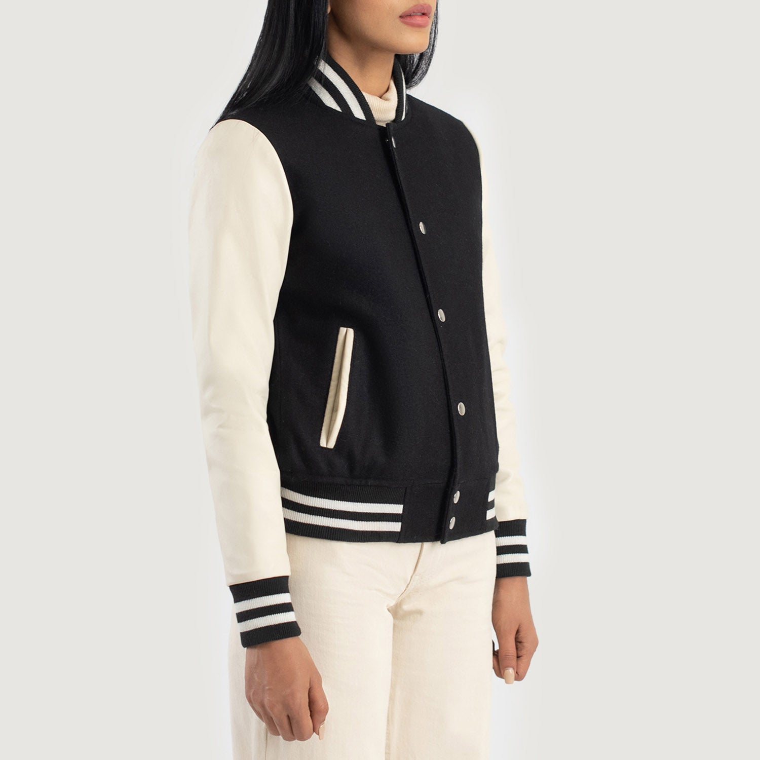 Savant Hybrid Black-White Varsity Jacket For Women