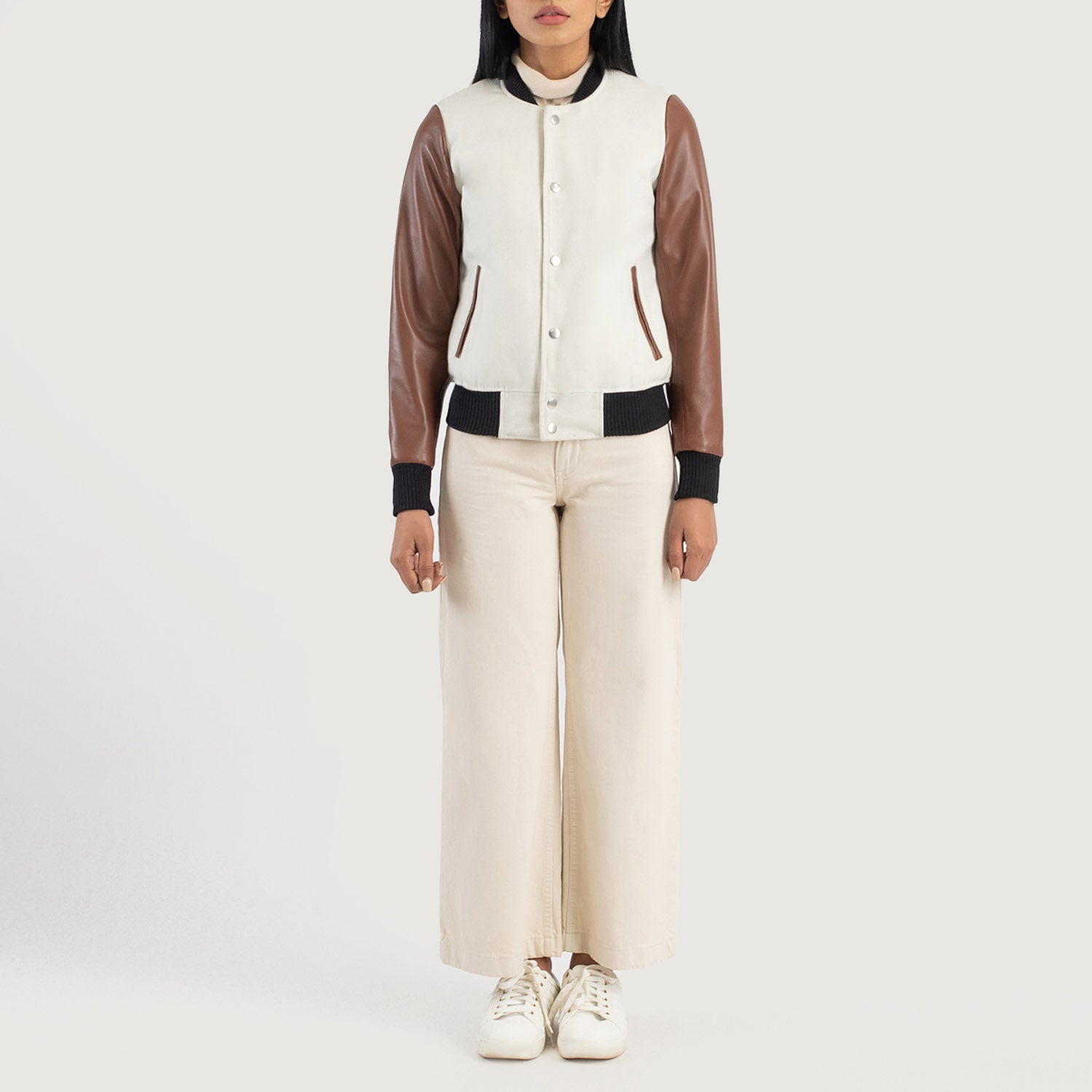 Savant Hybrid Brown-White Varsity Jacket For Women
