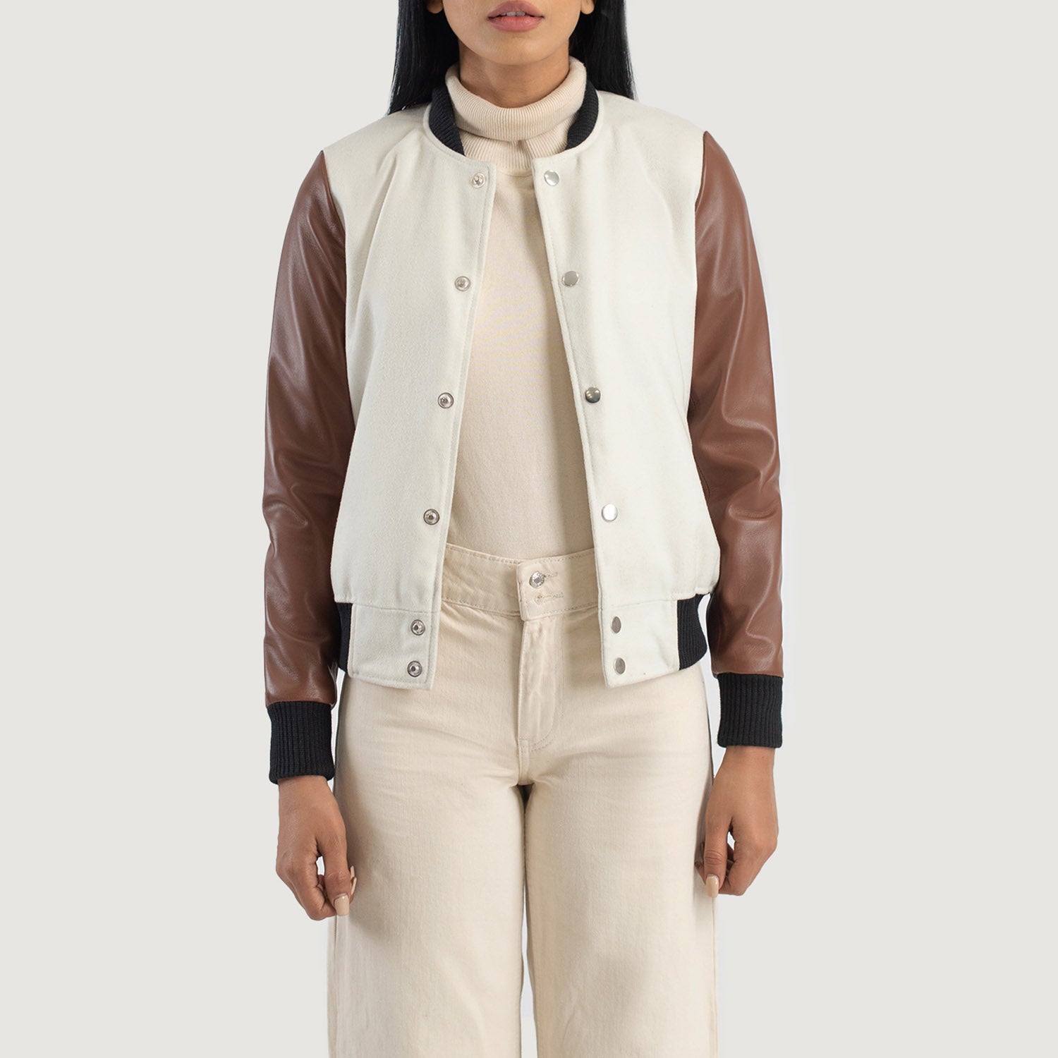Savant Hybrid Brown-White Varsity Jacket For Women