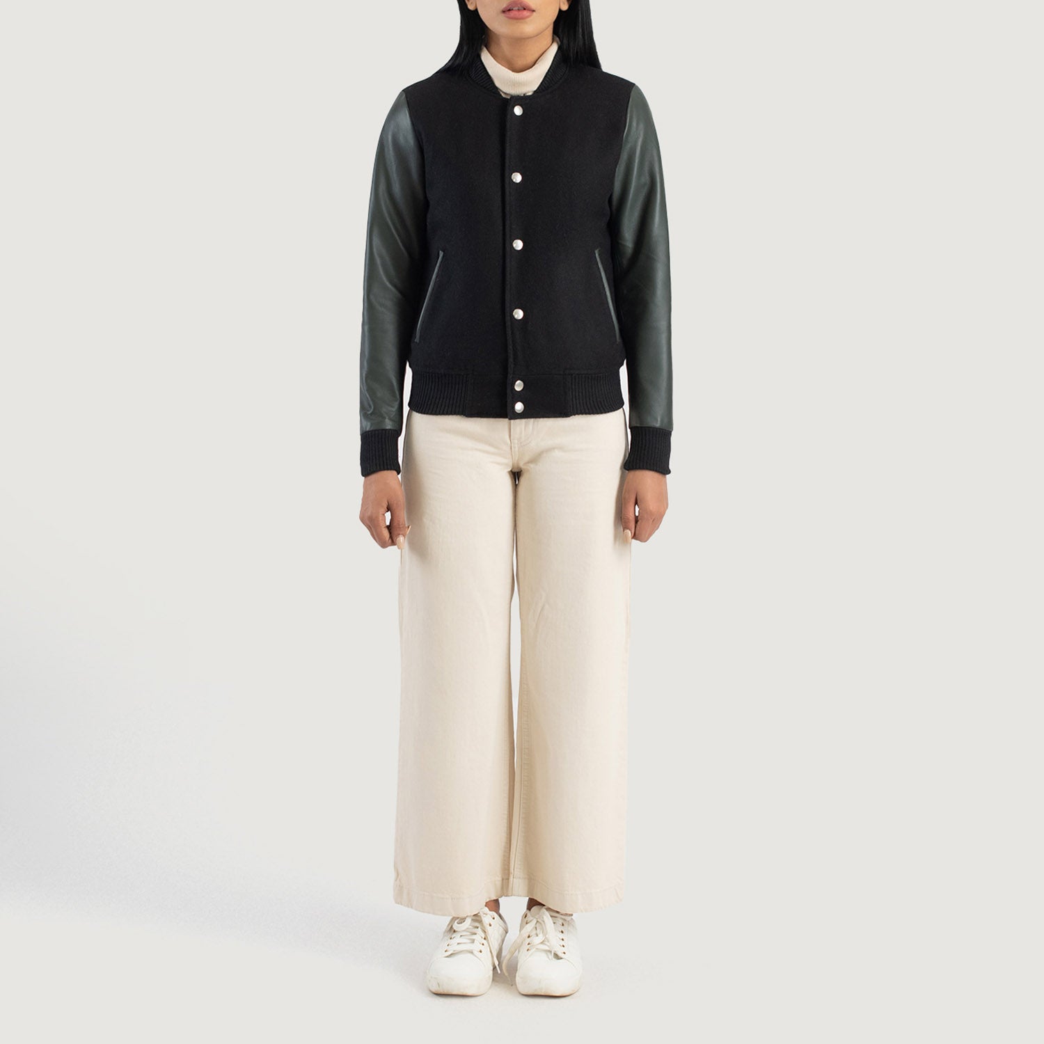 Savant Hybrid Black-Green Varsity Jacket For Women