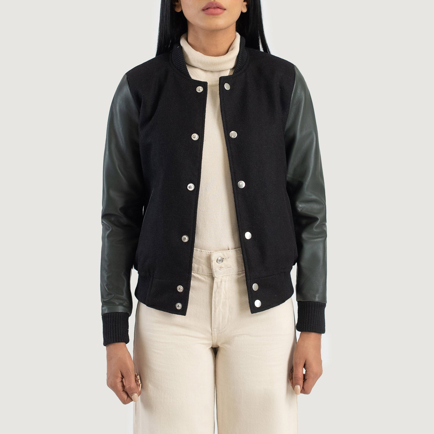 Savant Hybrid Black-White Varsity Jacket For Women