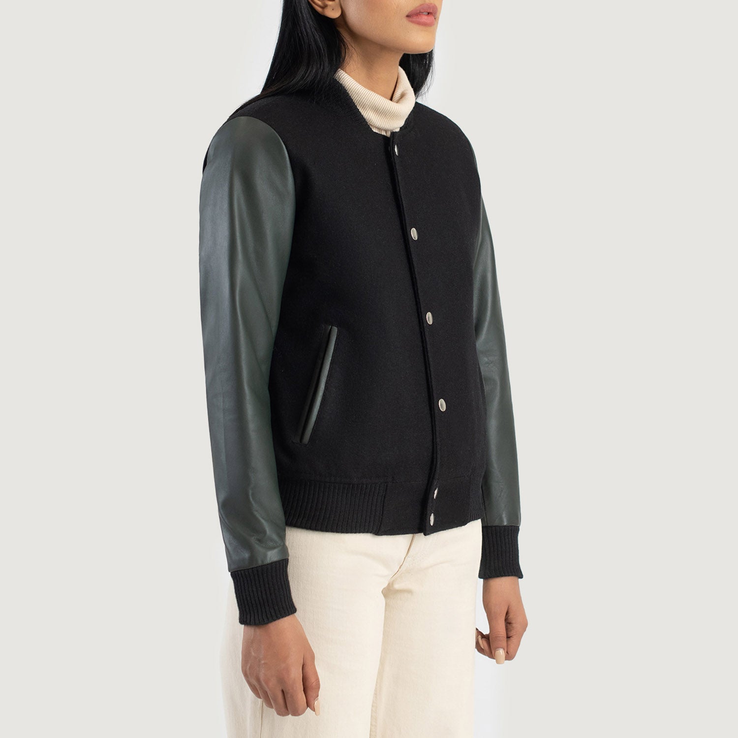 Savant Hybrid Black-White Varsity Jacket For Women