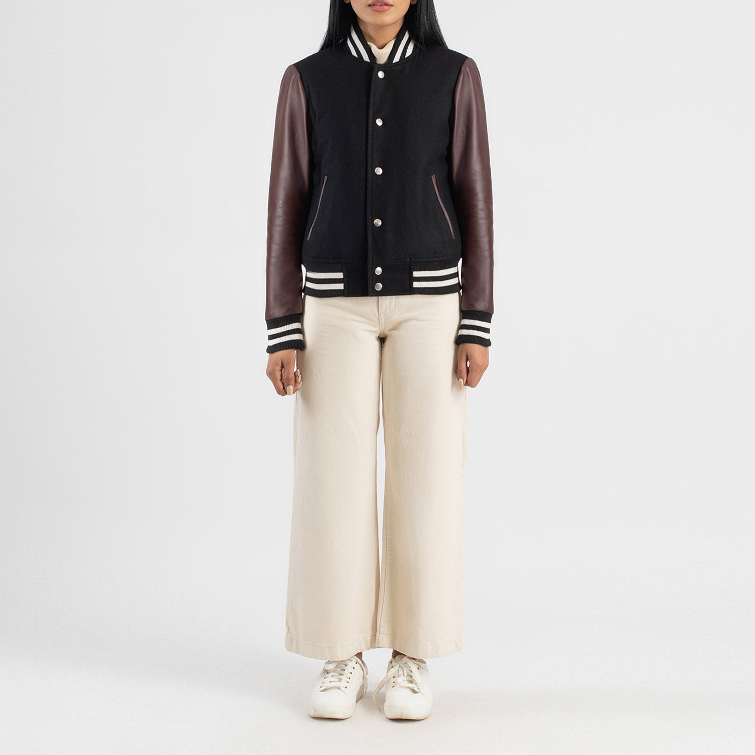 Savant Hybrid Black-Maroon Varsity Jacket For Women